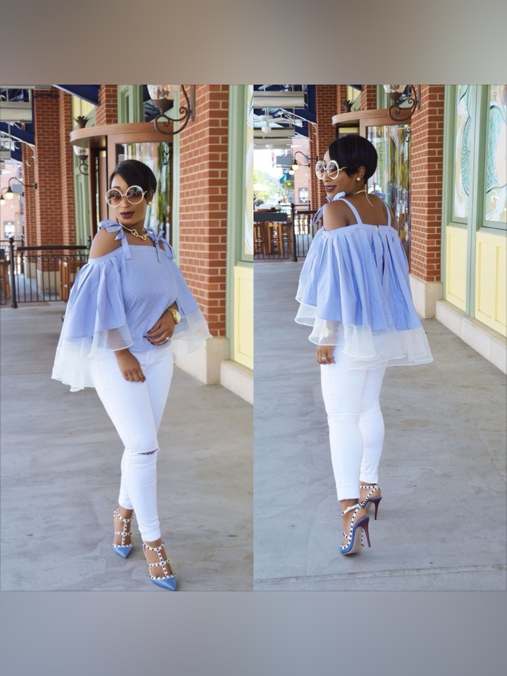 Glitz Light Blue Off-Shoulder Ruffle Blouse.
Size M